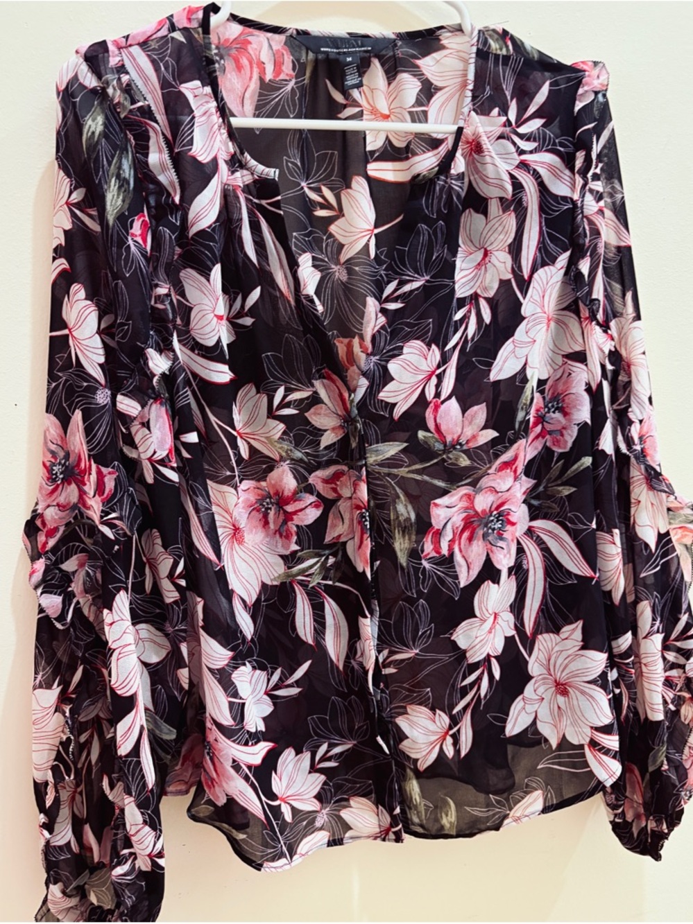 White House Black Market Black Sheer Floral Blouse with Pink Accents